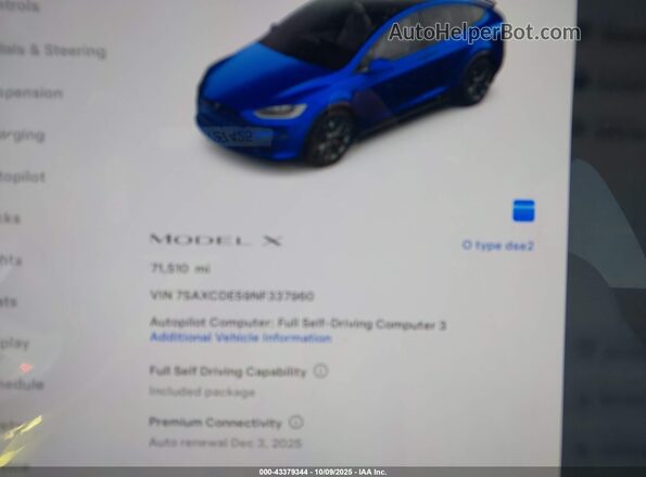 7SAXCDE59NF337960 2022 TESLA MODEL X Синий Вид задних сидений