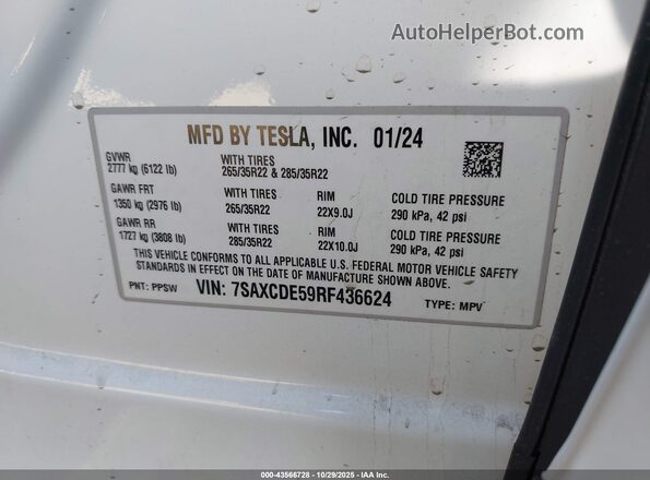 7SAXCDE59RF436624 2024 TESLA MODEL X Белый Вид подкапотного пространства