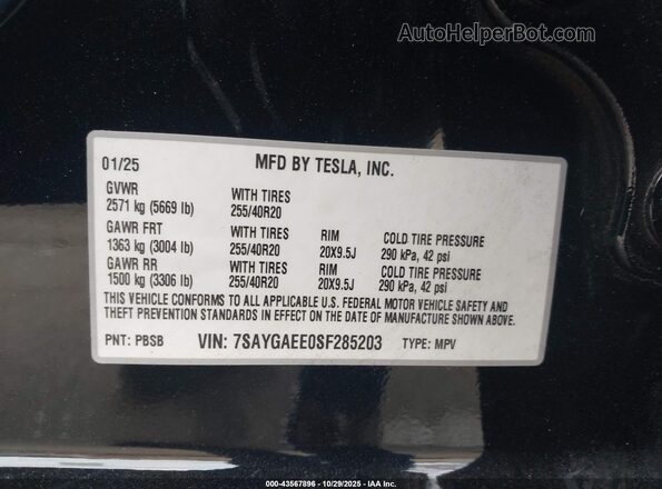 7SAYGAEE0SF285203 2025 TESLA MODEL Y Black Widok komory silnika