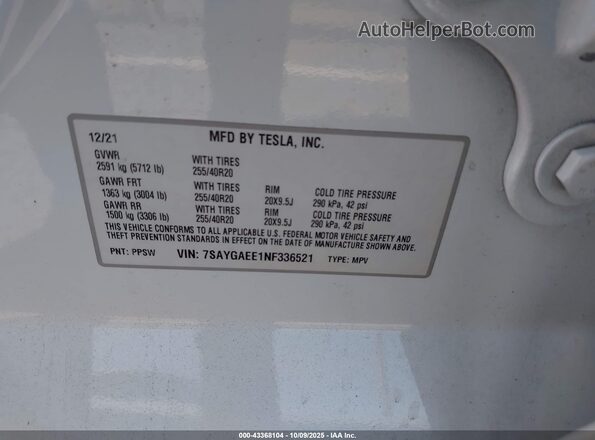 7SAYGAEE1NF336521 2022 TESLA MODEL Y White Вид підкапотного простору