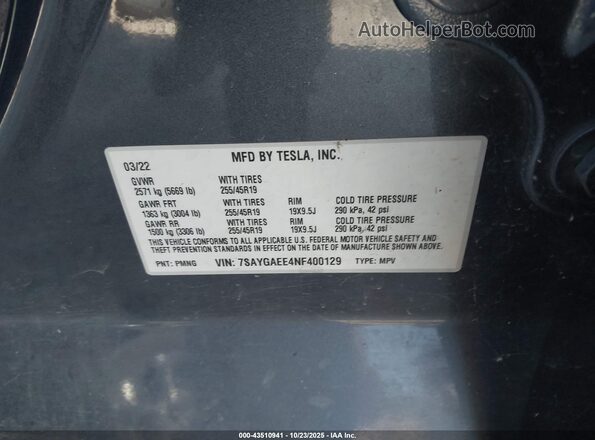 7SAYGAEE4NF400129 2022 TESLA MODEL Y Gray Вид наклейки з VIN-кодом