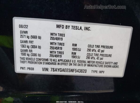 7SAYGAEE5NF543820 2022 TESLA MODEL Y Черный Вид подкапотного пространства