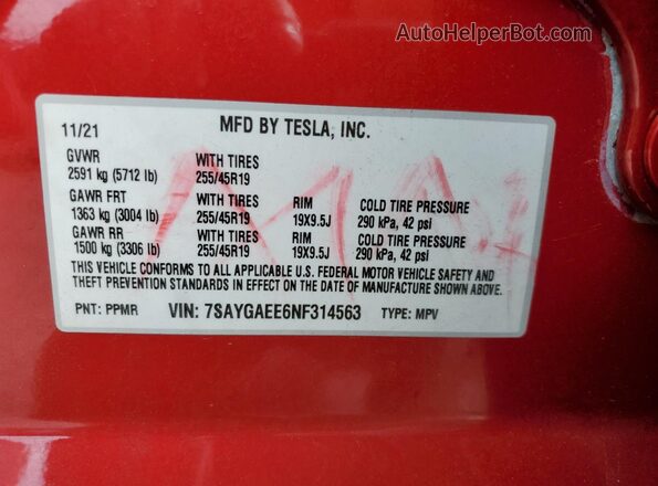 7SAYGAEE6NF314563 2022 TESLA MODEL Burgundy ძრავის განყოფილების ხედი