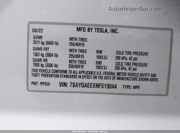 7SAYGAEEXNF519044 2022 TESLA MODEL Y Белый 