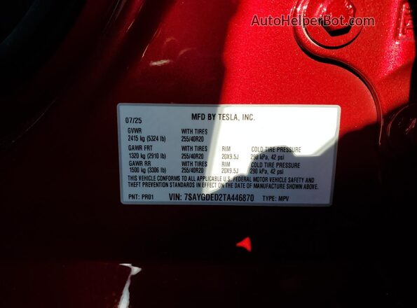 7SAYGDED2TA446870 2026 TESLA MODEL Red 
