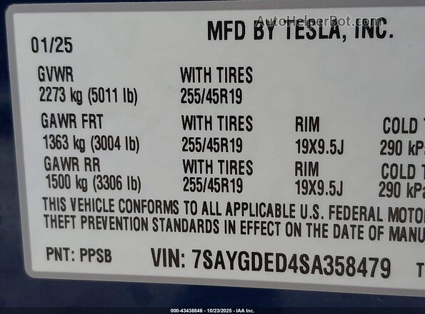 7SAYGDED4SA358479 2025 TESLA MODEL Y Dark Blue 