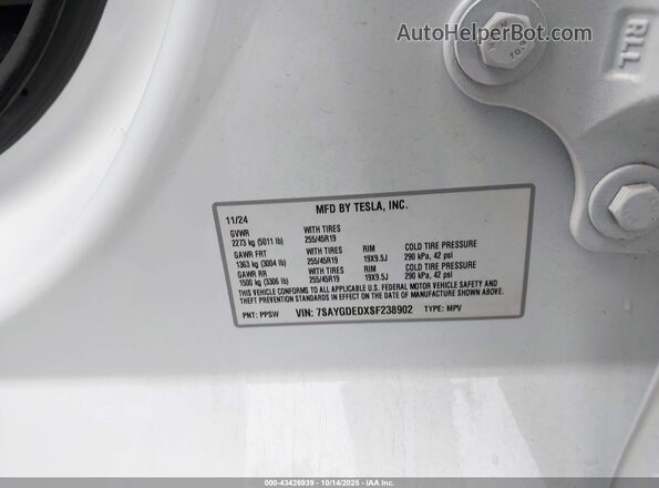 7SAYGDEDXSF238902 2025 TESLA MODEL Y White Widok komory silnika
