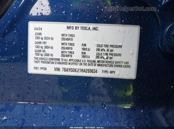 7SAYGDEE1RA269634 2024 TESLA MODEL Y Blue Vista del compartimento del motor