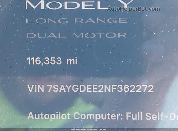 7SAYGDEE2NF362272 2022 TESLA MODEL Y White 