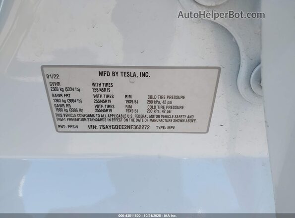 7SAYGDEE2NF362272 2022 TESLA MODEL Y White Vista del compartimento del motor