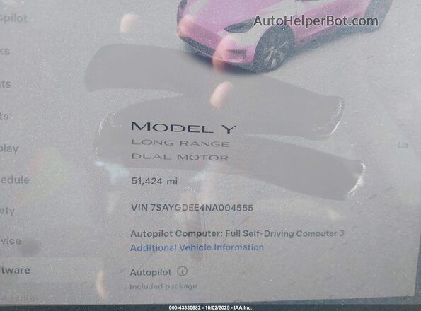 7SAYGDEE4NA004555 2022 TESLA MODEL Y Gray Widok tylnych siedzeń