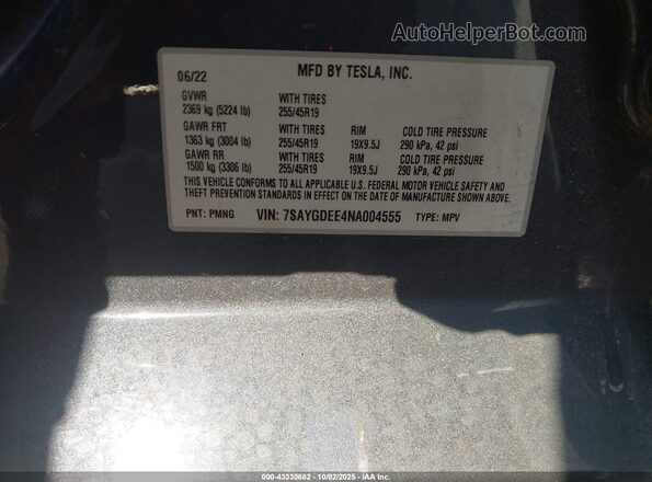 7SAYGDEE4NA004555 2022 TESLA MODEL Y Gray Widok komory silnika