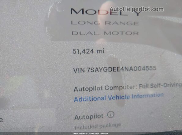 7SAYGDEE4NA004555 2022 TESLA MODEL Y Gray Widok wnętrza 360 stopni