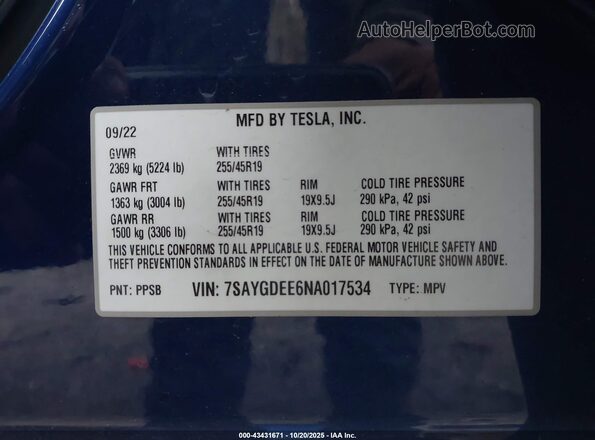 7SAYGDEE6NA017534 2022 TESLA MODEL Y Blue Շարժիչի բաժամունքի տեսք