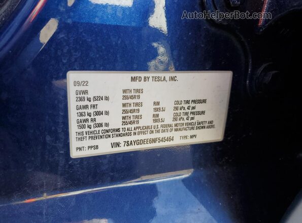 7SAYGDEE6NF545464 2022 TESLA MODEL Синий Вид наклейки с VIN-кодом
