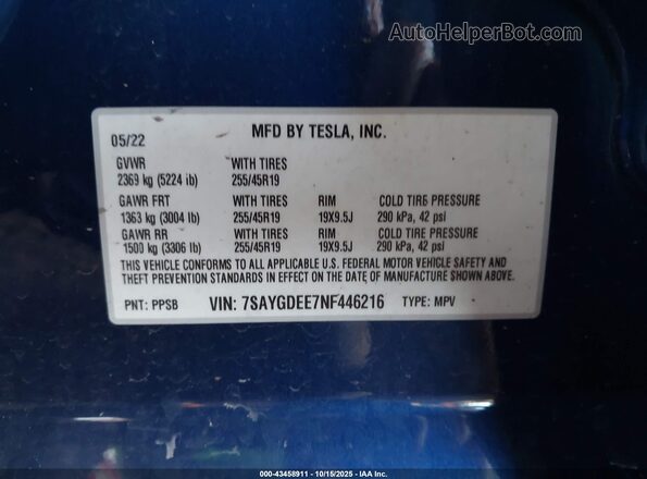 7SAYGDEE7NF446216 2022 TESLA MODEL Y Blue ძრავის განყოფილების ხედი