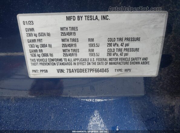 7SAYGDEE7PF664045 2023 TESLA MODEL Y Dark Blue 