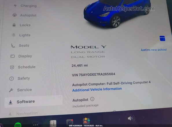 7SAYGDEE7RA265684 2024 TESLA MODEL Y Синий Вид задних сидений
