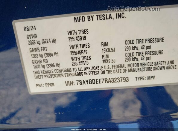 7SAYGDEE7RA323793 2024 TESLA MODEL Y Blue ძრავის განყოფილების ხედი