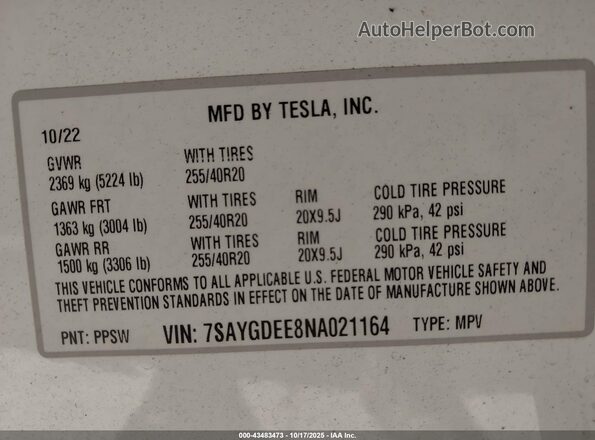 7SAYGDEE8NA021164 2022 TESLA MODEL Y White Շարժիչի բաժամունքի տեսք