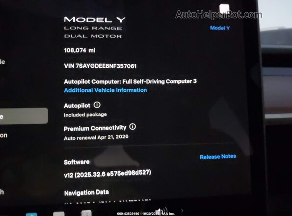 7SAYGDEE8NF357061 2022 TESLA MODEL Y White 
