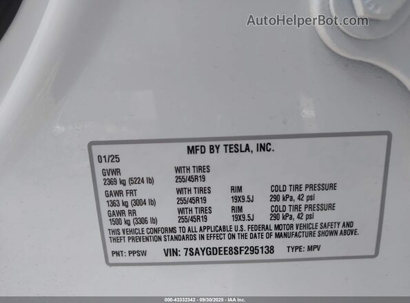 7SAYGDEE8SF295138 2025 TESLA MODEL Y White Շարժիչի բաժամունքի տեսք