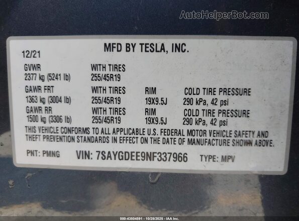 7SAYGDEE9NF337966 2022 TESLA MODEL Y Gray Вид підкапотного простору