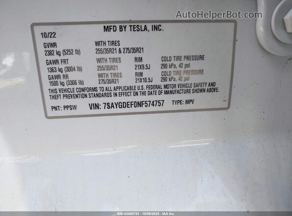 7SAYGDEF0NF574757 2022 TESLA MODEL Y White Widok komory silnika