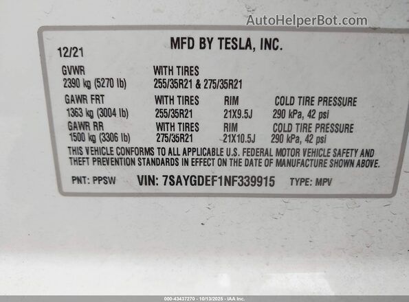 7SAYGDEF1NF339915 2022 TESLA MODEL Y White Вид підкапотного простору