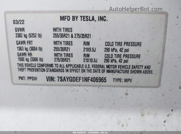 7SAYGDEF1NF406965 2022 TESLA MODEL Y White Вид підкапотного простору