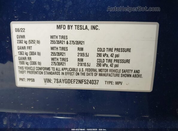 7SAYGDEF2NF524037 2022 TESLA MODEL Y Blue Engine compartment view