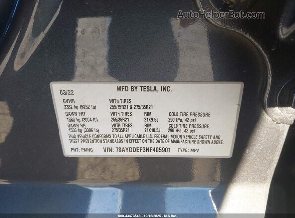 7SAYGDEF3NF405901 2022 TESLA MODEL Y Gray Вид підкапотного простору