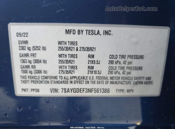 7SAYGDEF3NF561386 2022 TESLA MODEL Y Blue 