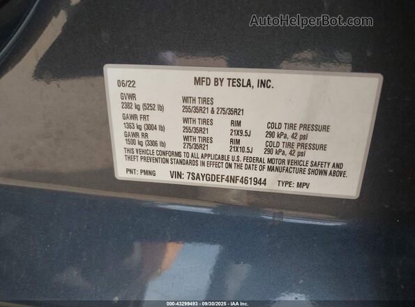7SAYGDEF4NF461944 2022 TESLA MODEL Y Gray ძრავის განყოფილების ხედი