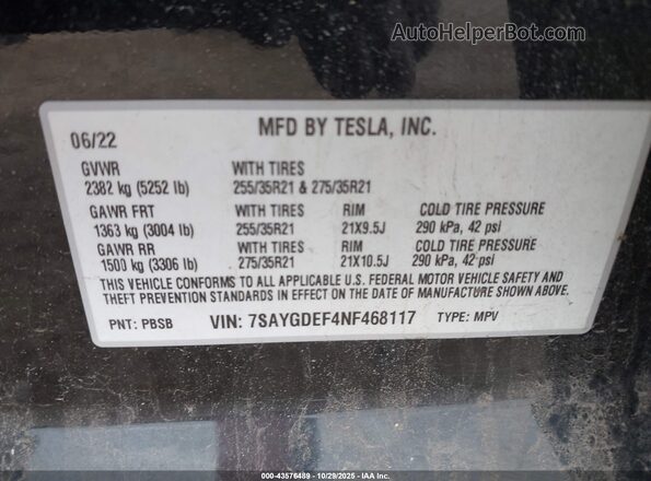 7SAYGDEF4NF468117 2022 TESLA MODEL Y Black 