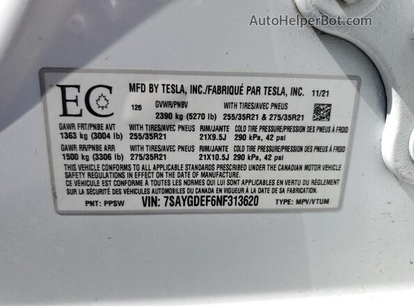 7SAYGDEF6NF313620 2022 TESLA MODEL White Вид підкапотного простору
