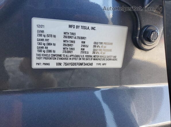 7SAYGDEF6NF344348 2022 TESLA MODEL Gray Вид наклейки з VIN-кодом