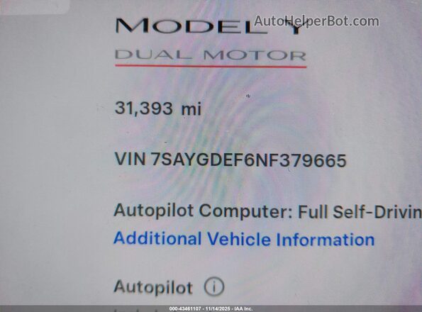 7SAYGDEF6NF379665 2022 TESLA MODEL Y Бордовый Панорамный вид салона 360°