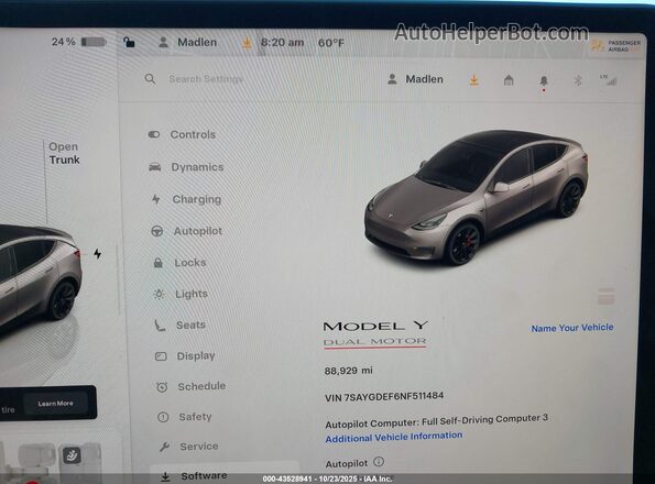 7SAYGDEF6NF511484 2022 TESLA MODEL Y Gray Հետևի նստատեղերի տեսք