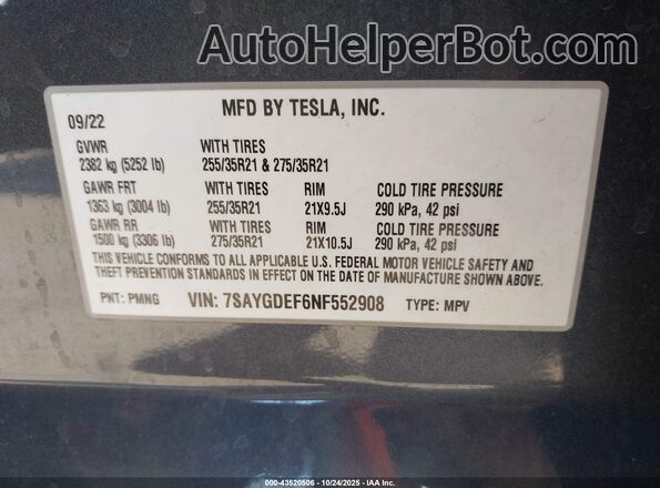 7SAYGDEF6NF552908 2022 TESLA MODEL Y Серый 