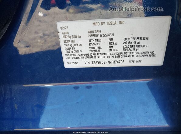 7SAYGDEF7NF374796 2022 TESLA MODEL Y Dark Blue ძრავის განყოფილების ხედი