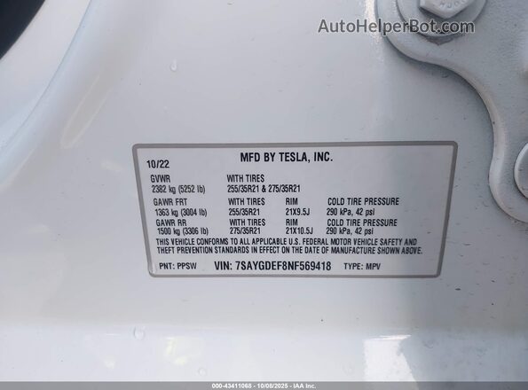 7SAYGDEF8NF569418 2022 TESLA MODEL Y White Engine compartment view