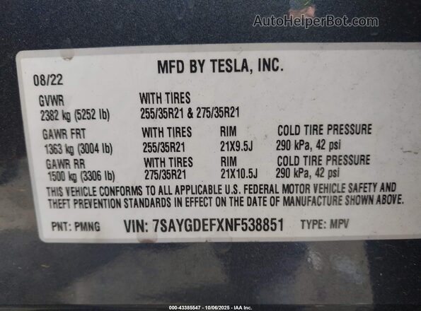 7SAYGDEFXNF538851 2022 TESLA MODEL Y Gray ძრავის განყოფილების ხედი