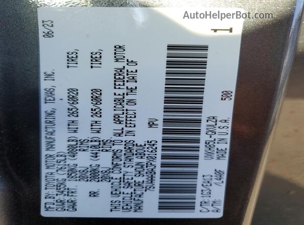 7SVAAABA3PX016245 2023 TOYOTA SEQUOIA Gray VIN կոդի պիտակի տեսք
