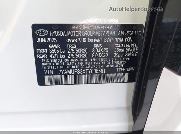 7YAMUFS3XTY006581 2026 HYUNDAI IONIQ 9 White Շարժիչի բաժամունքի տեսք
