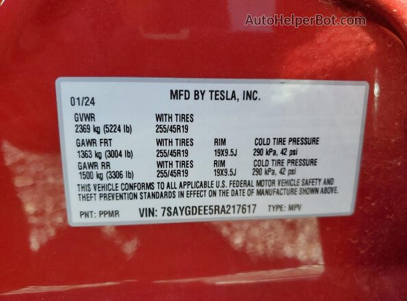 7SAYGDEE5RA217617 2024 TESLA MODEL Y Red 