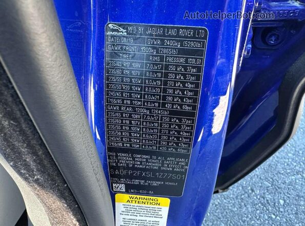 SADFP2FX5L1Z77501 2020 JAGUAR E-PACE Blue Սալոնի հետևի տեսք