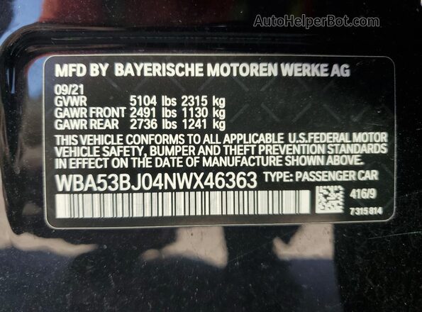 WBA53BJ04NWX46363 2022 BMW 5 SERIES Синий Панорамный вид салона 360°
