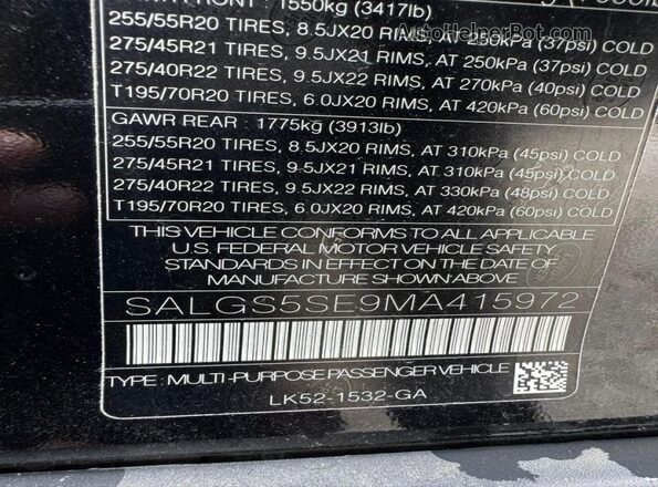 SALGS5SE9MA415972 2021 LAND ROVER RANGE Black Սալոնի հետևի տեսք