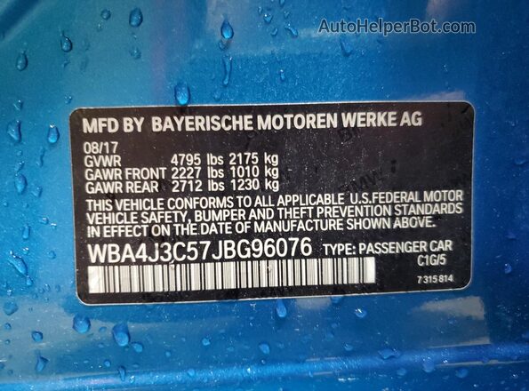 WBA4J3C57JBG96076 2018 BMW 4 SERIES Blue Vista de la etiqueta del VIN